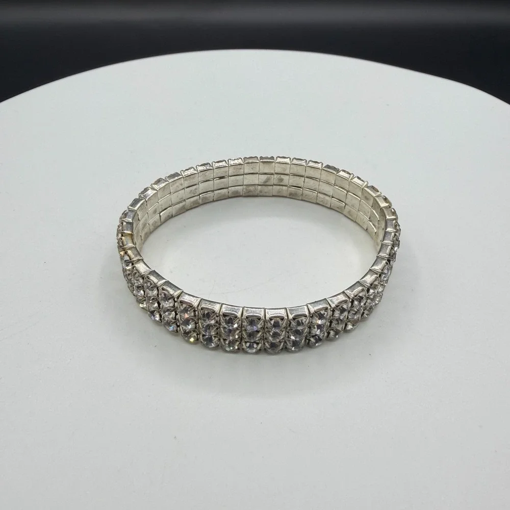 3 Row Clear Rhinestone Stretch Bracelet Silver Tone Sparkle Statement Jewelry